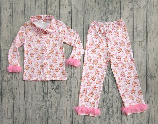 (Pre-order)GLP2716 Adult Gingerbread Bows Print Woman Christmas Buttons Fur Pajamas Clothes Set