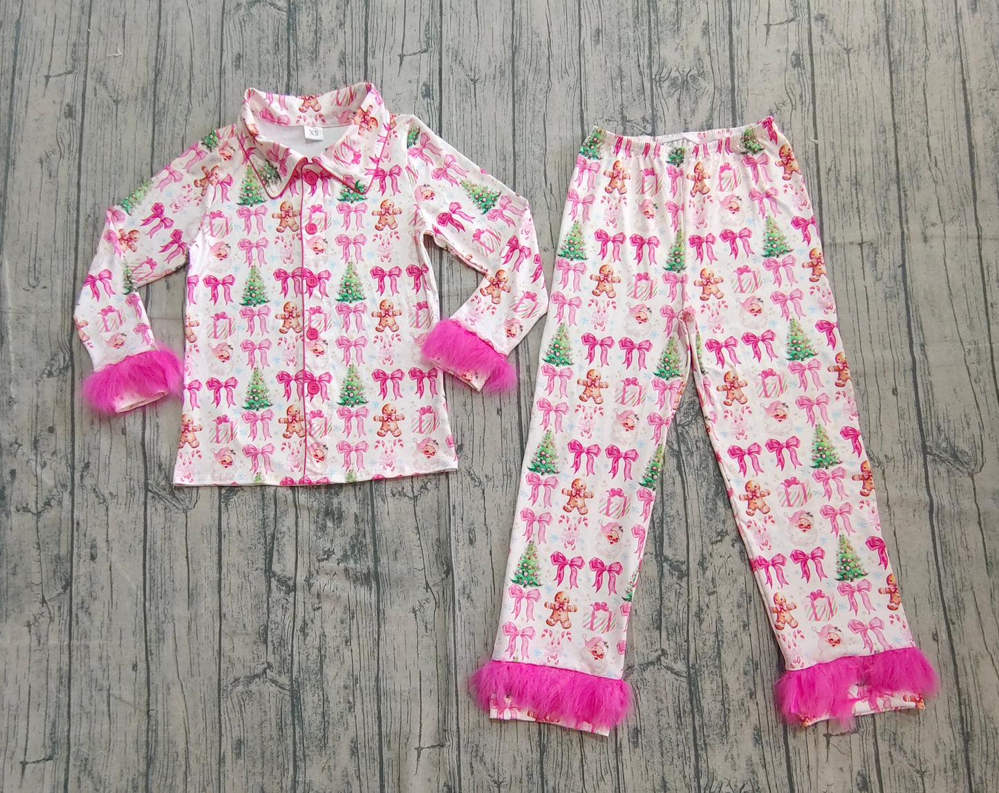 (Pre-order)GLP2717 Adult Gingerbread Santa Bows Print Woman Christmas Buttons Fur Pajamas Clothes Set