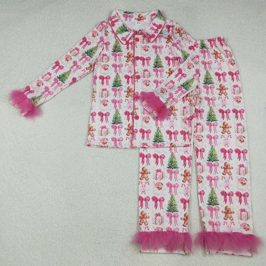 GLP2717 Adult Gingerbread Santa Bows Print Woman Christmas Buttons Fur Pajamas Clothes Set