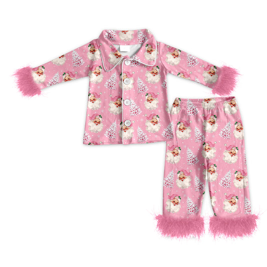 (Pre-order)GLP2718 Adult Santa Pink Print Woman Christmas Buttons Fur Pajamas Clothes Set