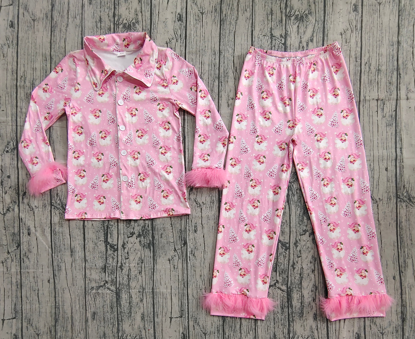 (Pre-order)GLP2718 Adult Santa Pink Print Woman Christmas Buttons Fur Pajamas Clothes Set