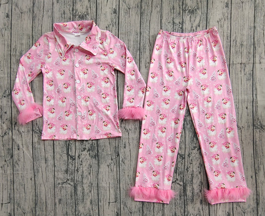 (Pre-order)GLP2718 Adult Santa Pink Print Woman Christmas Buttons Fur Pajamas Clothes Set