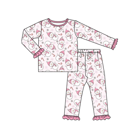 (Pre-order)GLP2719 Snowman Blue Print Girls Christmas Pajamas Clothes Set