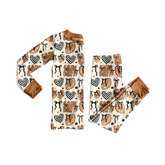 (Pre-order)GLP2720 Game Day Football Bows Brown Print Girls Fall Pajamas Clothes Set
