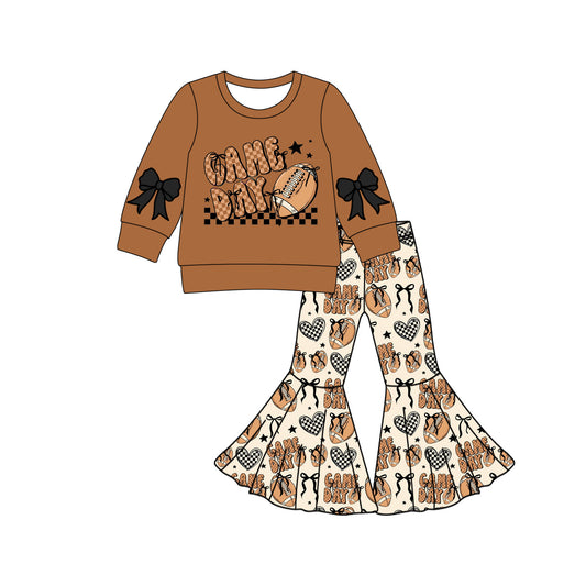 (Pre-order)GLP2721 Game Day Brown Top Football Bows Bell Pants Girls Fall Clothes Set