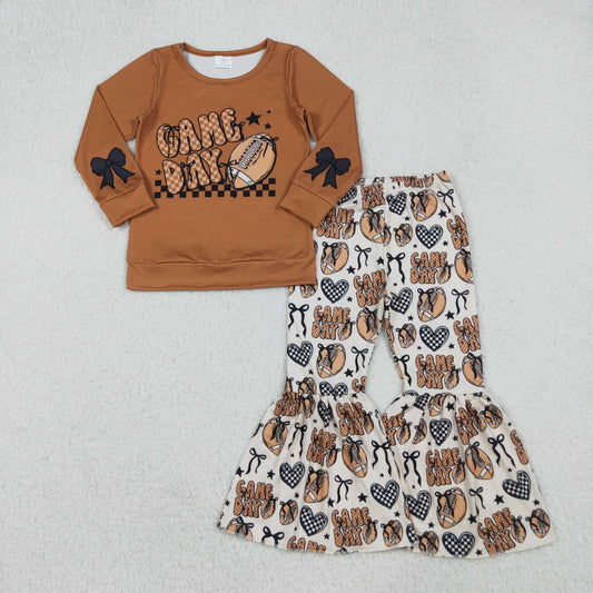 GLP2721 Game Day Brown Top Football Bows Bell Pants Girls Fall Clothes Set