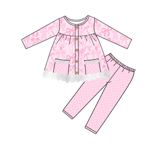 (Pre-order)GLP2723 Pink Bows Pockets Tunic Top Dots Pants Girls Clothes Set