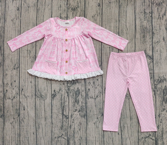 (Pre-order)GLP2723 Pink Bows Pockets Tunic Top Dots Pants Girls Clothes Set