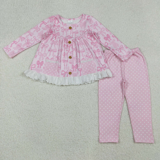 GLP2723 Pink Bows Pockets Tunic Top Dots Pants Girls Clothes Set