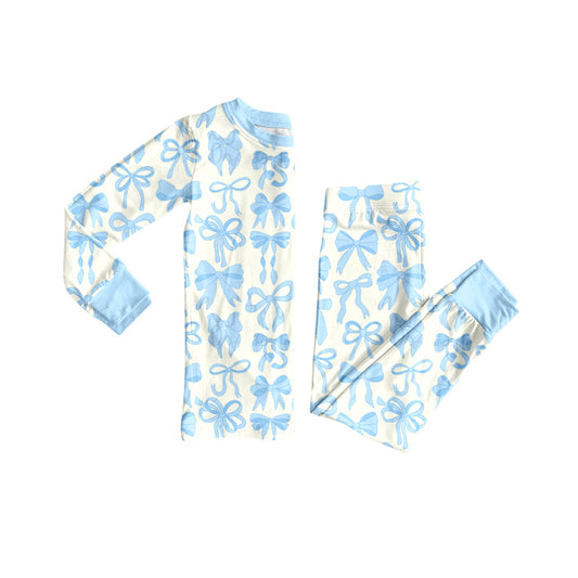 (Pre-order)GLP2724 Blue Bows Print Girls Fall Pajamas Clothes Set