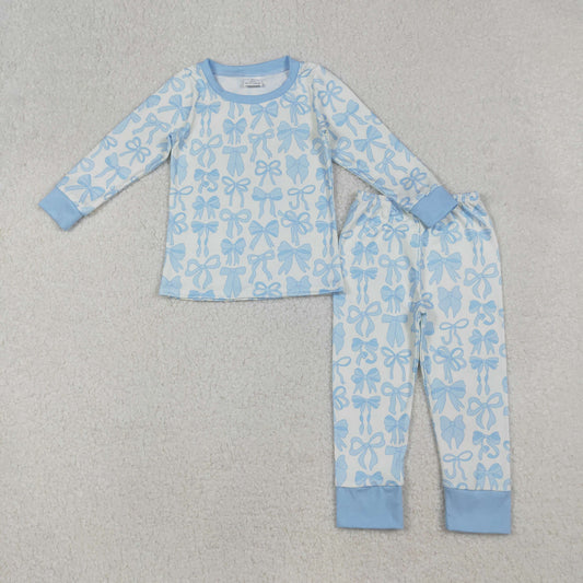 GLP2724 Blue Bows Print Girls Fall Pajamas Clothes Set