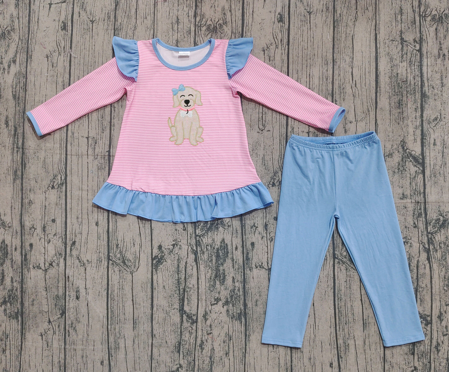 (Pre-order)GLP2725 Dog Pink Stripes Tunic Top Blue Pants Girls Fall Clothes Set