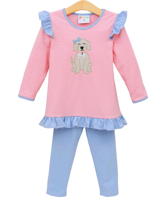 (Pre-order)GLP2725 Dog Pink Stripes Tunic Top Blue Pants Girls Fall Clothes Set