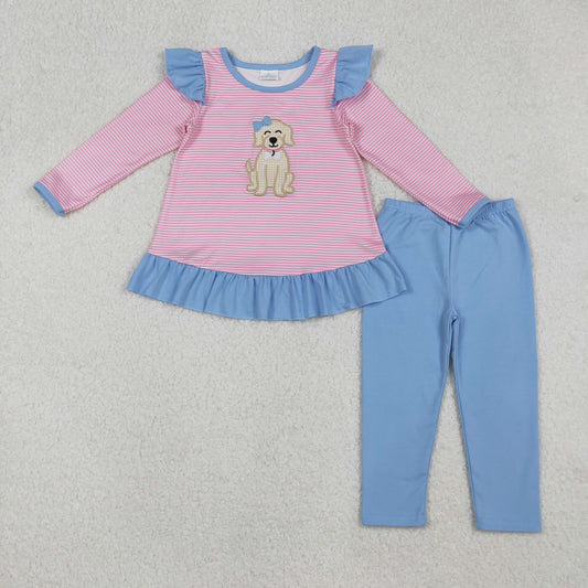 GLP2725 Dog Embroidery Pink Stripes Tunic Top Blue Pants Girls Fall Clothes Set