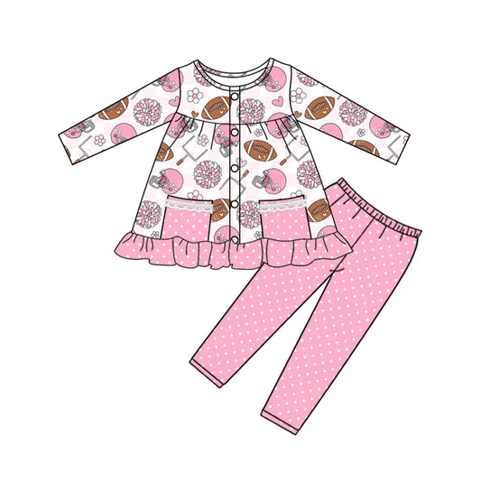 (Pre-order)GLP2726 Football Cheer Pink Pockets Tunic Top Dots Pants Girls Fall Clothes Set