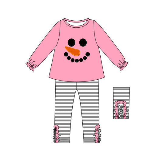 (Pre-order)GLP2728 Snowman Pink Top Stripes Pants Girls Christmas Clothes Set