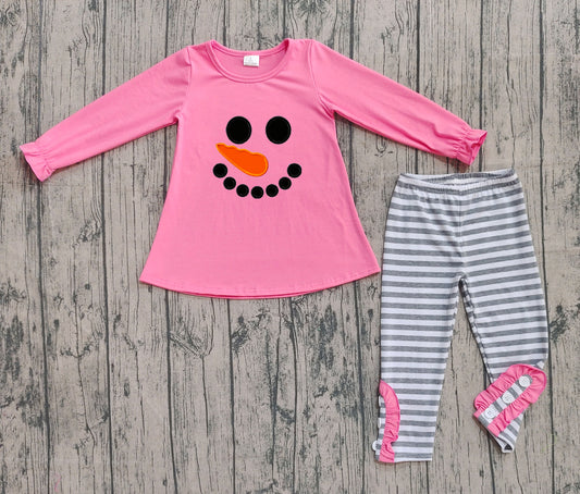 (Pre-order)GLP2728 Snowman Pink Top Stripes Pants Girls Christmas Clothes Set