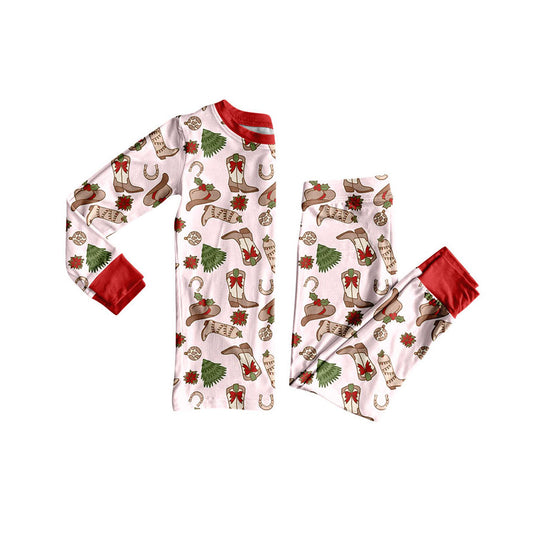 (Pre-order)GLP2729 Boots Hat Holly Print Girls Christmas Pajamas Clothes Set
