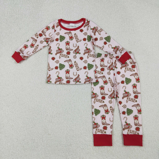 GLP2729 Boots Hat Holly Print Girls Christmas Pajamas Clothes Set