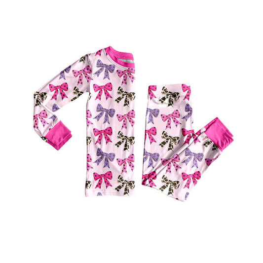 (Pre-order)GLP2730 HOWDY Hot Pink Bows Print Girls Western Pajamas Clothes Set