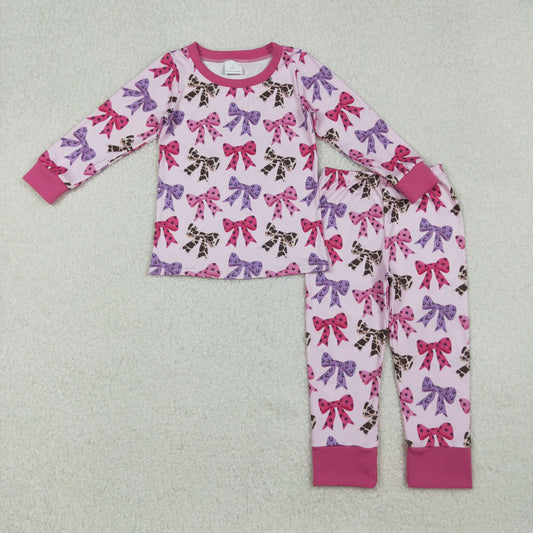 GLP2730 HOWDY Hot Pink Bows Print Girls Western Pajamas Clothes Set