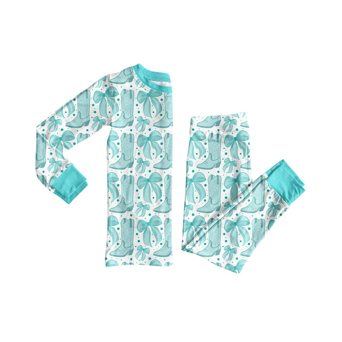 (Pre-order)GLP2732 Blue Bows Boots Print Girls Fall Pajamas Clothes Set