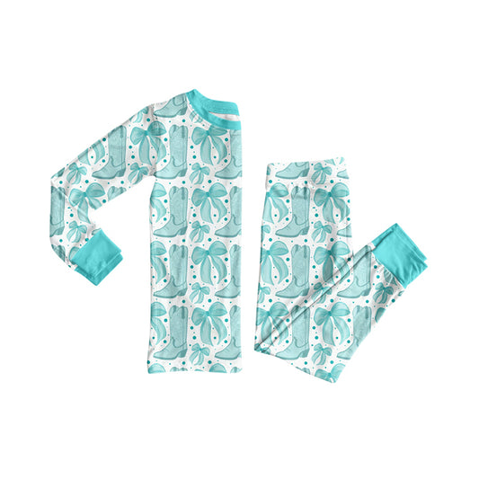 (Pre-order)GLP2732 Blue Bows Boots Print Girls Fall Pajamas Clothes Set