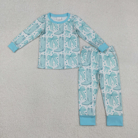 GLP2732 Blue Bows Boots Print Girls Western Pajamas Clothes Set