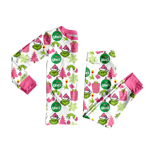 (Pre-order)GLP2733 Green Frog Lights Print Girls Christmas Pajamas Clothes Set