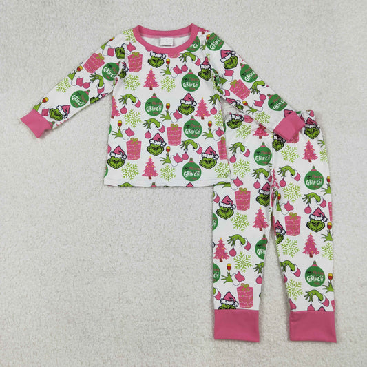 GLP2733 Green Frog Lights Print Girls Christmas Pajamas Clothes Set