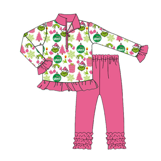 (Pre-order)GLP2734 Green Frog Lights Zipper Pullover Top Ruffle Pants Girls Christmas Clothes Set