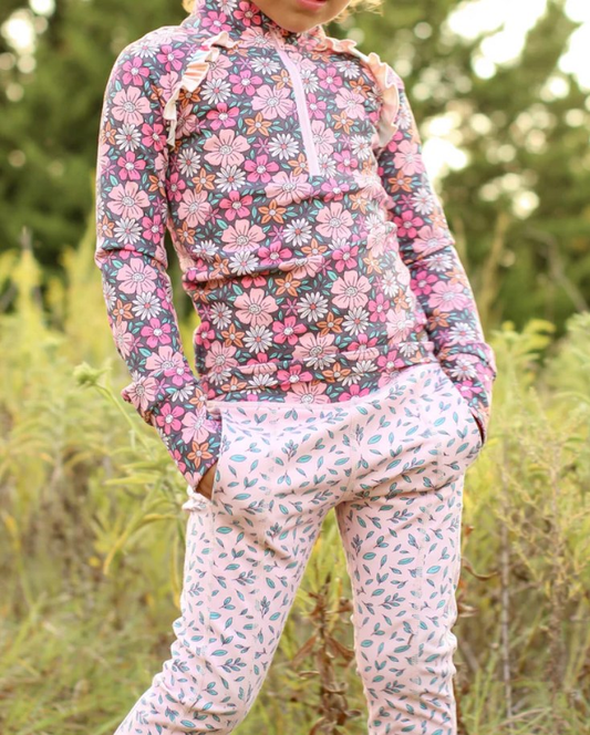 (Pre-order)GLP2735 Flowers Zipper Pullover Top Pockets Pants Girls Yoga Clothes Set
