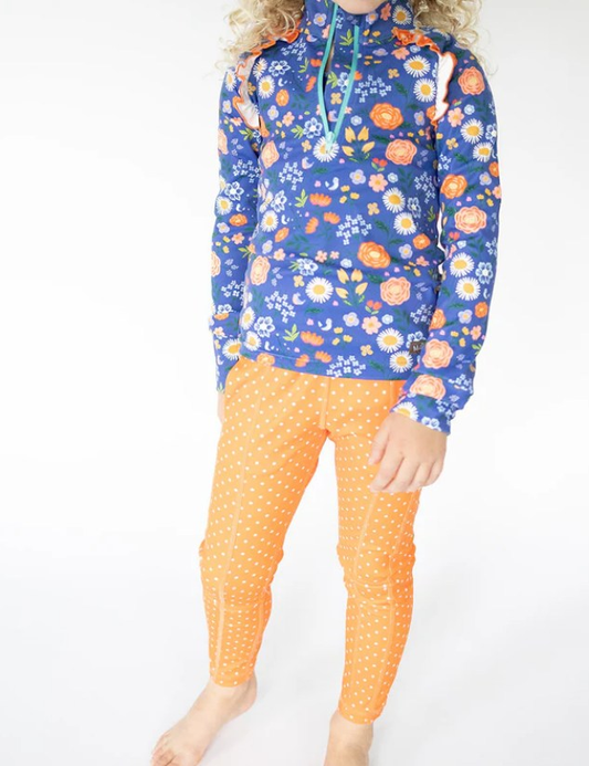 (Pre-order)GLP2736 Flowers Zipper Pullover Top Orange Dots Pants Girls Yoga Clothes Set