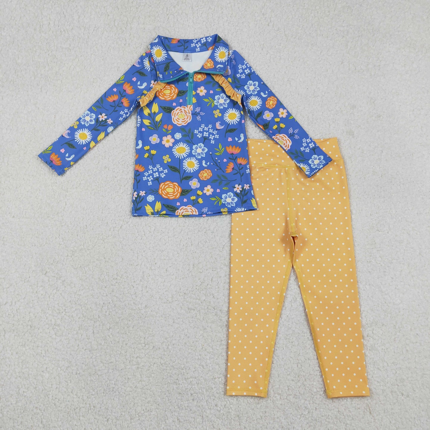 GLP2736 Flowers Zipper Pullover Top Yellow Dots Pants Girls Yoga Clothes Set