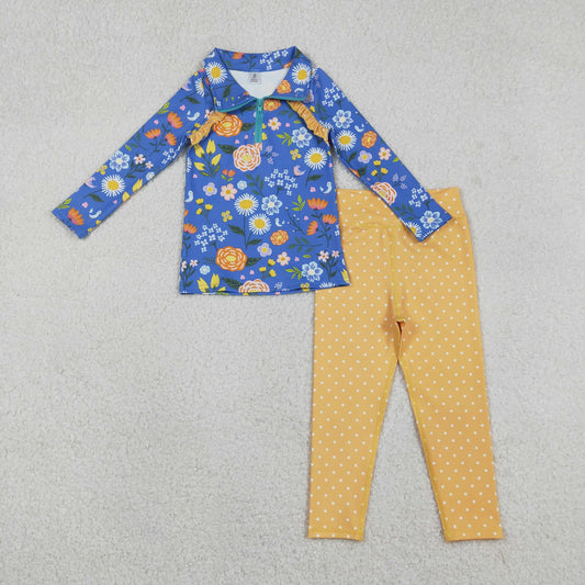 GLP2736 Flowers Zipper Pullover Top Yellow Dots Pants Girls Yoga Clothes Set