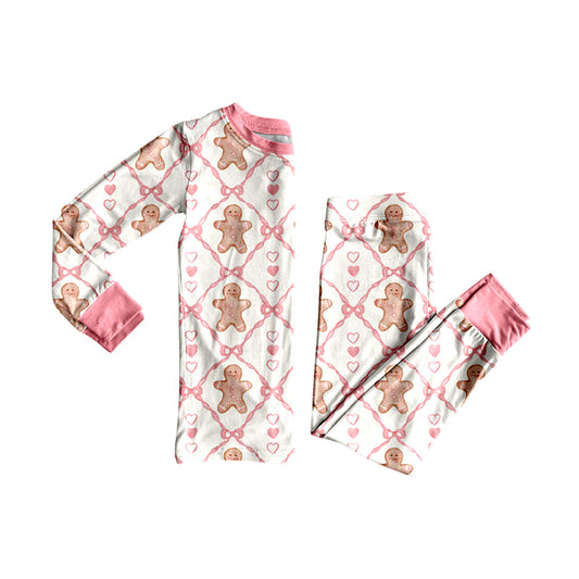 (Pre-order)GLP2737 Gingerbread Bows Print Girls Christmas Pajamas Clothes Set