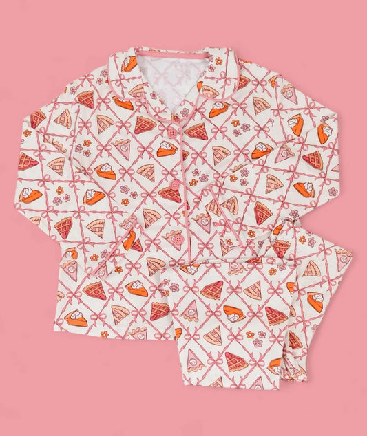 (Pre-order)GLP2738 Pie Flowers Bows Print Girls Fall Pajamas Clothes Set