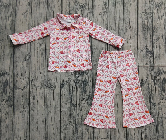 (Pre-order)GLP2738 Pie Flowers Bows Print Girls Fall Pajamas Clothes Set