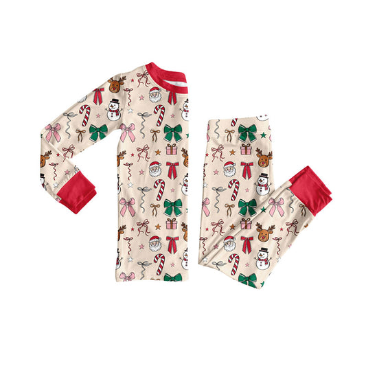 (Pre-order)GLP2739 Santa Bows Print Girls Christmas Pajamas Clothes Set