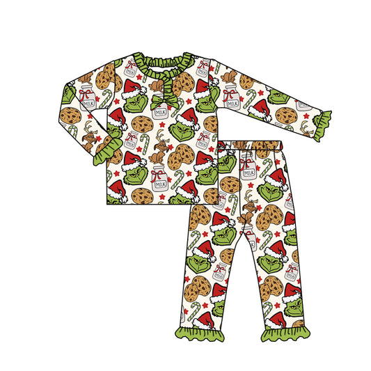 (Pre-order)GLP2740 Green Frog Cookie Pants Girls Christmas Pajamas Clothes Set