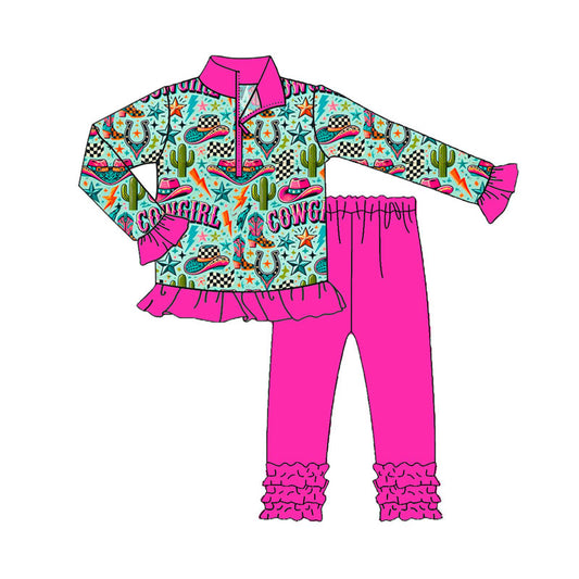 (Pre-order)GLP2744 COWGIRL Western Zipper Pullover Top Ruffle Pants Girls Fall Clothes Set