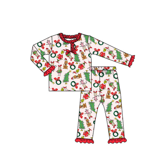 (Pre-order)GLP2752 Green Frog Friends Print Girls Christmas Pajamas Clothes Set