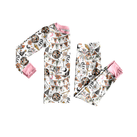 (Pre-order)GLP2759 Happy New Year Flowers Print Girls Pajamas Clothes Set