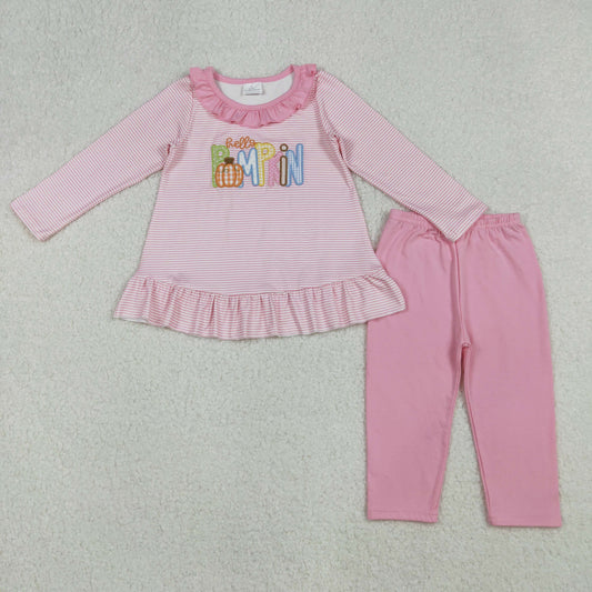 GLP2772 Hello Pumpkin Embroidery Tunic Top Pink Pants Girls Fall Clothes Set