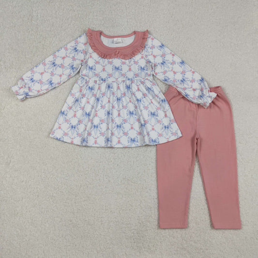 GLP2774 Bows Flowers Tunic Top Pink Pants Girls Clothes Set
