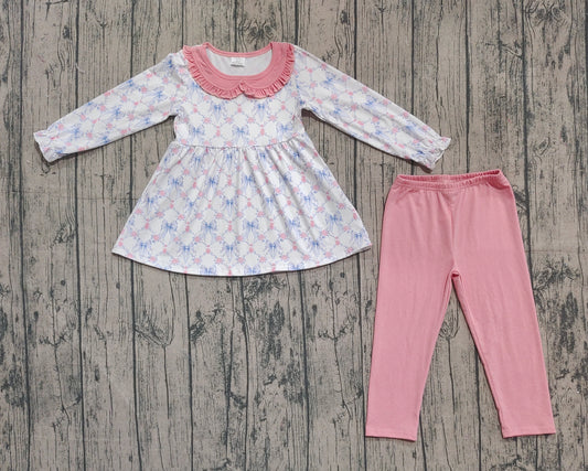(Pre-order)GLP2774 Bows Flowers Tunic Top Pink Pants Girls Clothes Set