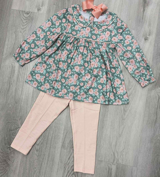 (Pre-order)GLP2776 Flowers Tunic Top Pink Pants Girls Fall Clothes Set
