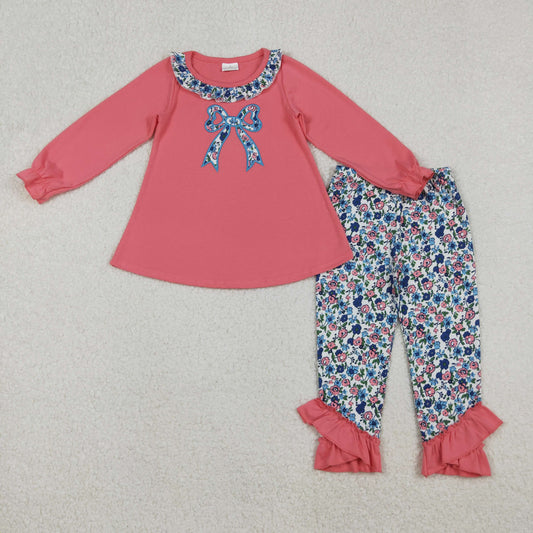 GLP2777 Bows Embroidery Pink Tunic Top Flowers Pants Girls Clothes Set