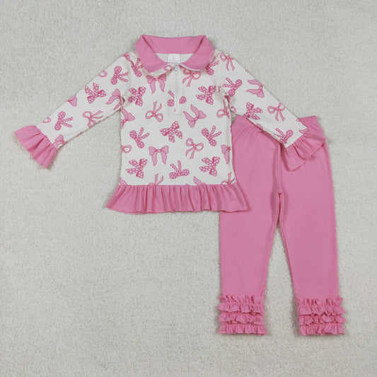 GLP2778 Pink Bows Zipper Pullover Top Ruffle Pants Girls Clothes Set