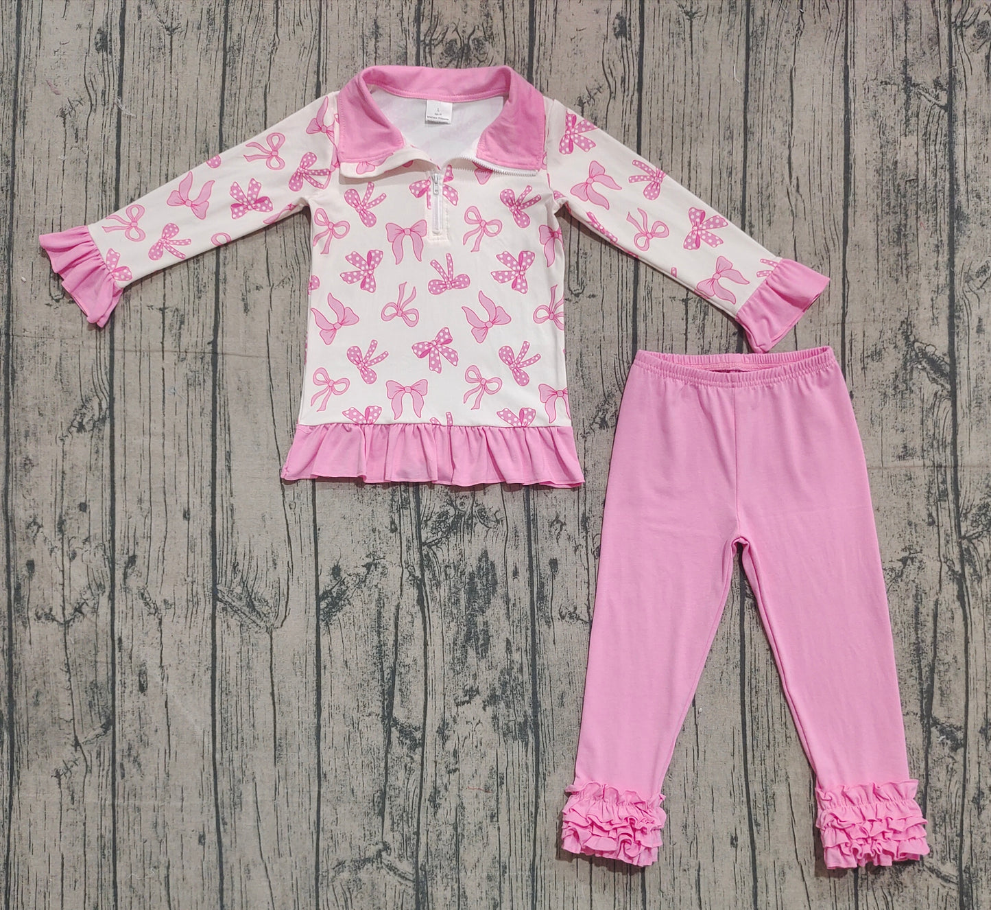 (Pre-order)GLP2778 Pink Bows Zipper Pullover Top Ruffle Pants Girls Clothes Set